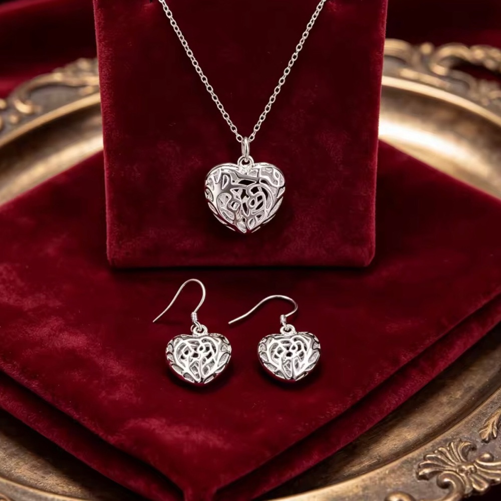 Sterling Silver Heart Filigree Necklace & Earrings Set